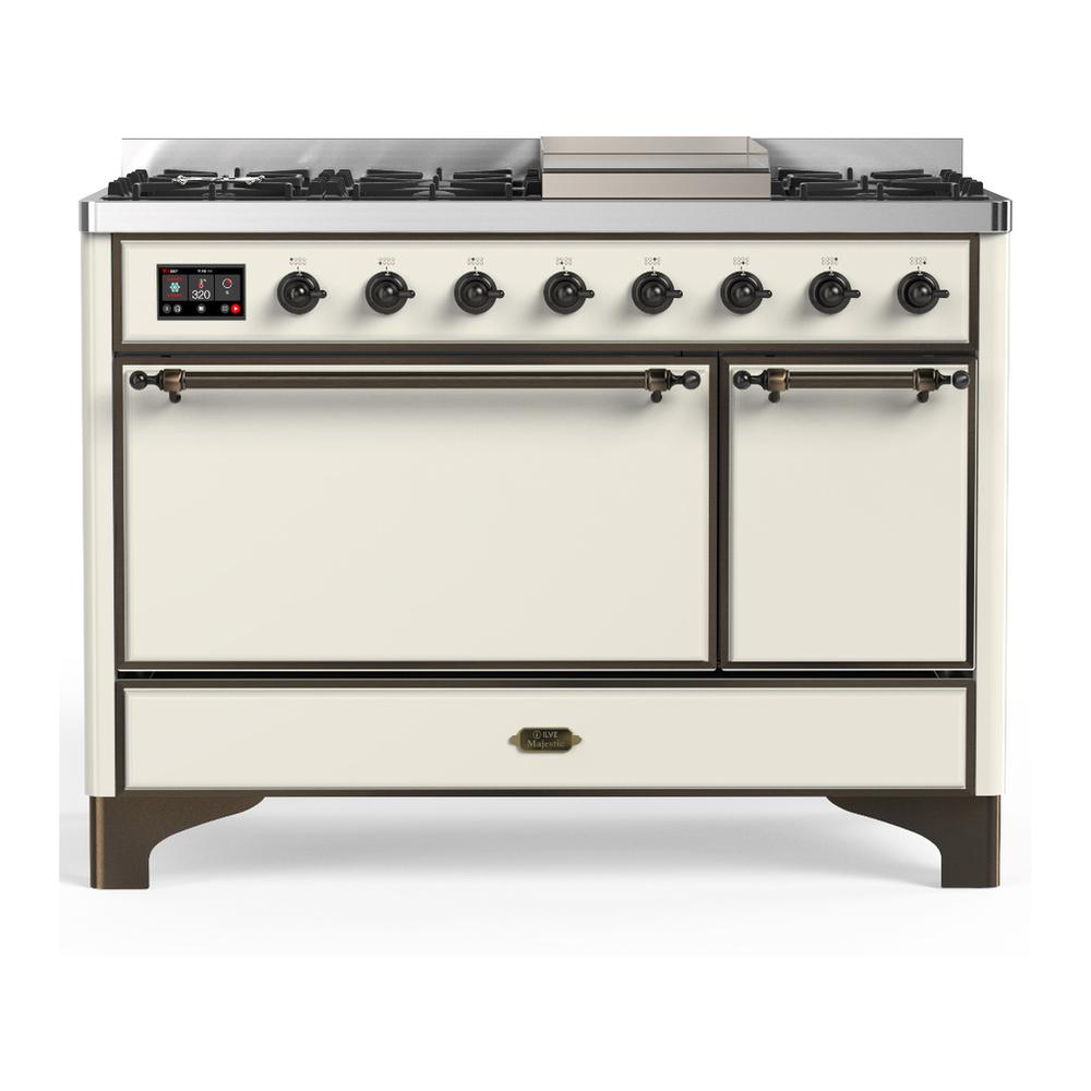ILVE UM48FQNR3AWB Majestic III 48 inch Dual Fuel Range with 8 Burners and Griddle, Dual Function Burner up to 25,000 BTU (Natural Gas, Solid Door, Antique White, Burnished)