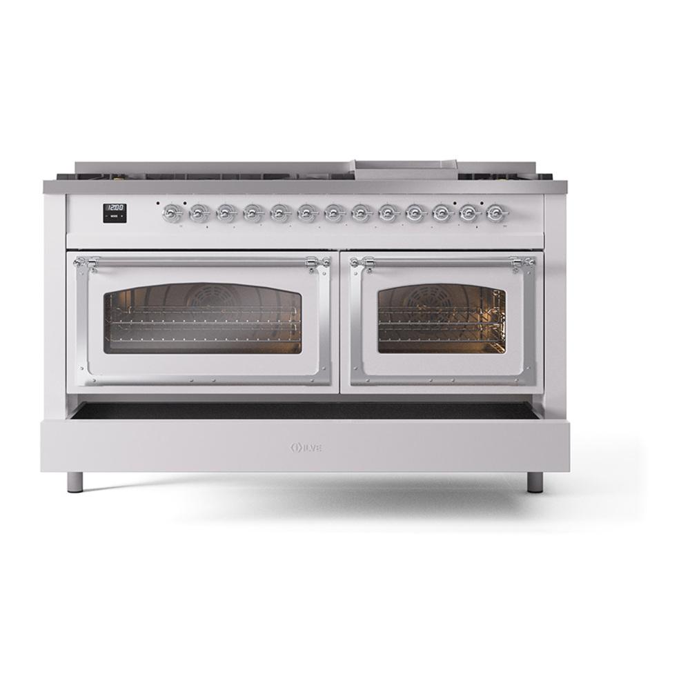 ILVE UN60FNMPWHCLP Nostalgie II Noblesse 60 inch Dual Fuel Range (9 Sealed Burners + Griddle, Liquid Propane, Triple Glass Door, White, Chrome)