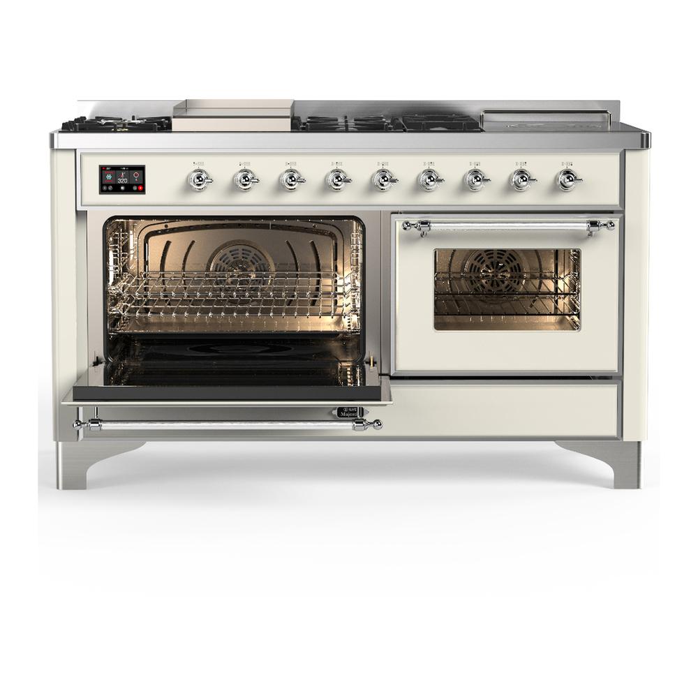 ILVE UM60FSNR3AWCLP Majestic III 60 inch Dual Fuel Range with 7 Burners, Griddle and French Top, Dual Function Burner with up to 25,000 BTU (Liquid Propane, Triple Glass Door, Antique White, Chrome)