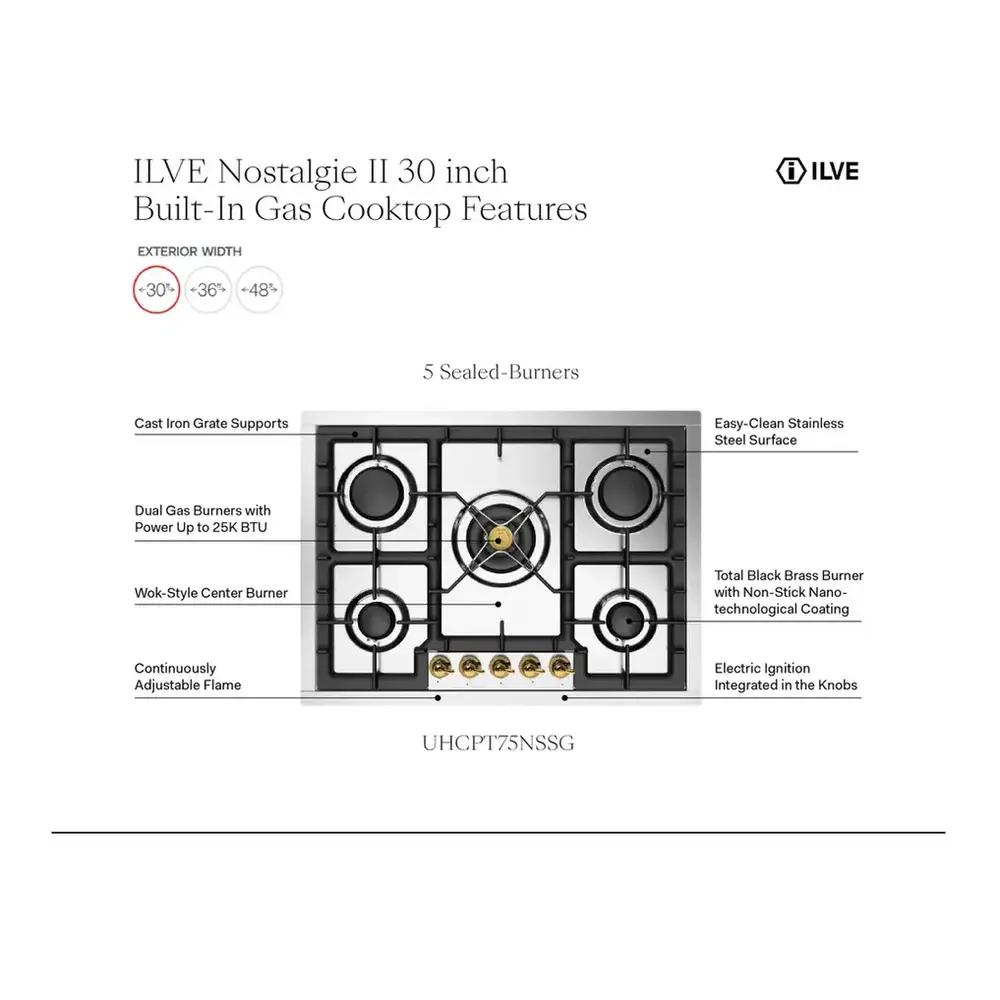 ILVE UHCPT75NSSC Nostalgie II 30 inch Built-In Gas Cooktop with 5 Burners, in Stainless Steel (Natural Gas, Chrome)