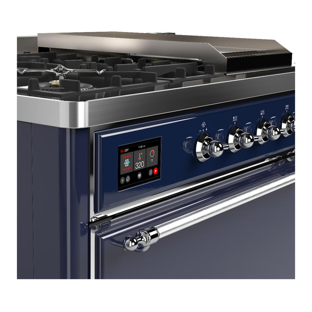ILVE UM48FSQNR3MBCLP Majestic III 48 inch Dual Fuel Range with 5 Black Brass Burners, Griddle and French Top, Dual Function Burner up to 25,000 BTU (Liquid Propane, Solid Door, Midnight Blue, Chrome)