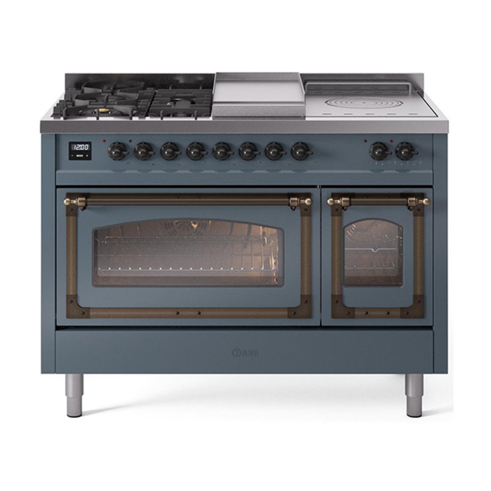 ILVE UN48FSNMPBGBLP Nostalgie II Noblesse 48 inch Dual Fuel Range (5 Sealed Burners + Griddle + French Top, Liquid Propane, Triple Glass Door, Blue Grey, Burnished)