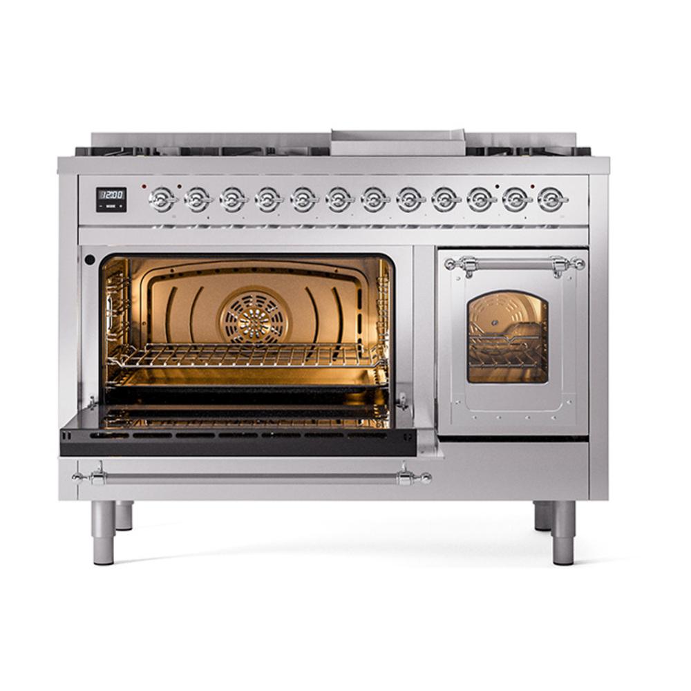 ILVE UN48FNMPSSCLP Nostalgie II Noblesse 48 inch Dual Fuel Range (8 Sealed Burners + Griddle, Liquid Propane, Triple Glass Door, Stainless Steel, Chrome)