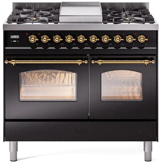 Nostalgie II 40 Inch Dual Fuel Natural Gas Freestanding Range in Glossy Black with Brass Trim