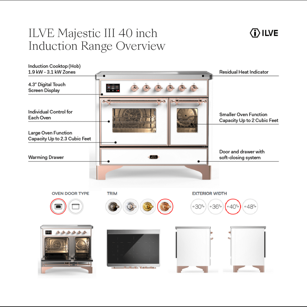 ILVE UMDIB40NR3BGC Majestic III 40 inch Induction Range with 6 Elements, 3.82 cu. ft. Total Oven Capacity (Triple Glass Door, Blue Grey, Chrome)