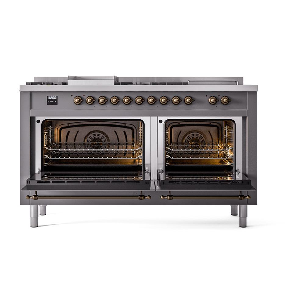 ILVE UN60FSQNMPMGB Nostalgie II Noblesse 60 inch Dual Fuel Range (7 Sealed Burners + Griddle + French Top, Natural Gas, Solid Door, Graphite Matte, Burnished)