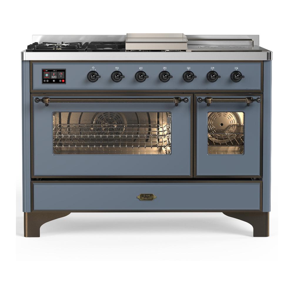 ILVE UM48FSNR3BGBLP Majestic III 48 inch Dual Fuel Range with 5 Black Brass Burners, Griddle and French Top, Dual Function Burner up to 25,000 BTU (Liquid Propane, Triple Glass Door, Blue Grey, Burnished)
