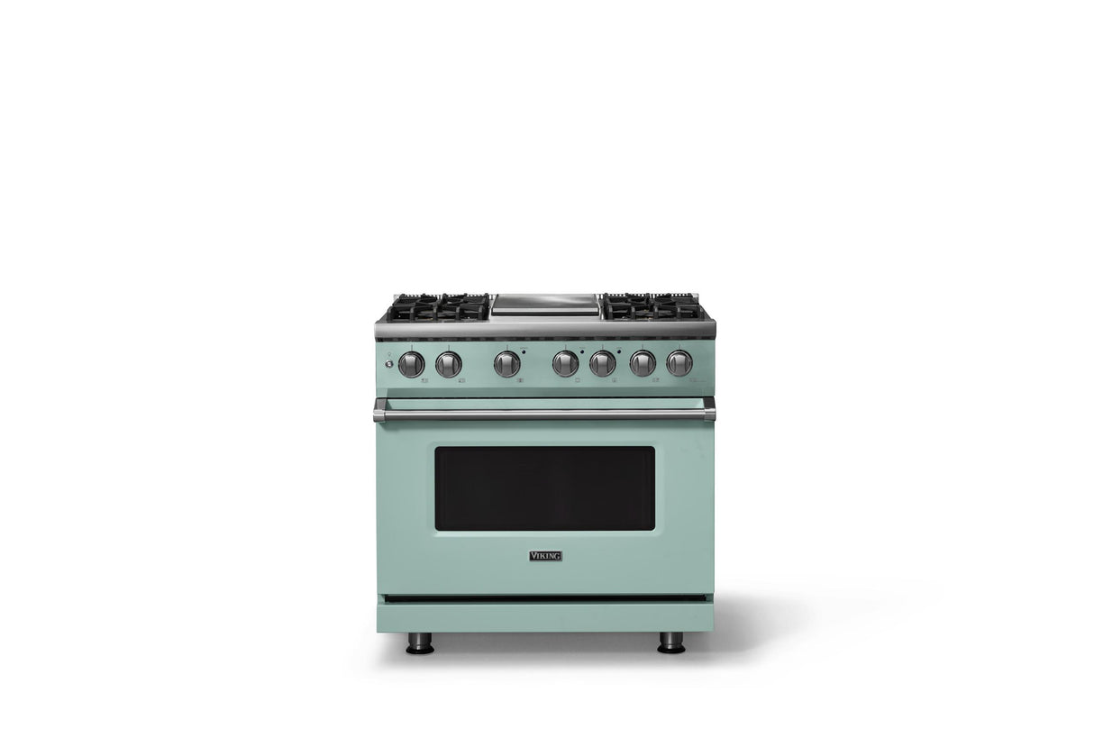 36"W. Dual Fuel Range (Burner: 4g, Finish: Splash, Trim: Polished Chrome, Fuel: Natural Gas)