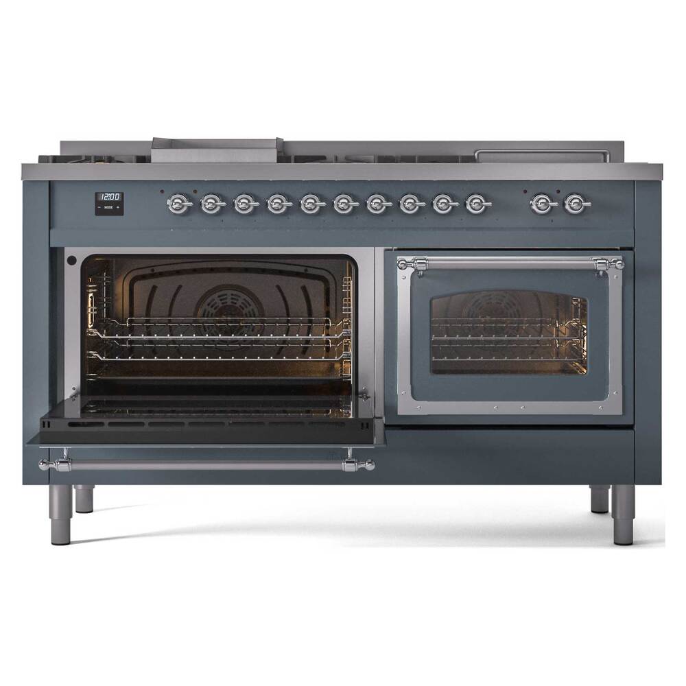 ILVE UN60FSNMPBGCLP Nostalgie II Noblesse 60 inch Dual Fuel Range (7 Sealed Burners + Griddle + French Top, Liquid Propane, Triple Glass Door, Blue Grey, Chrome)