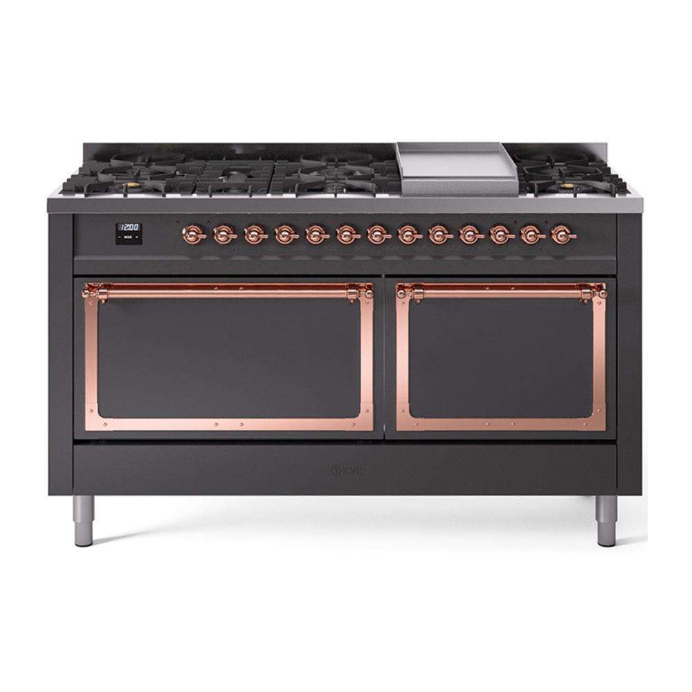 ILVE UN60FQNMPMGPLP Nostalgie II Noblesse 60 inch Dual Fuel Range (9 Sealed Burners + Griddle, Liquid Propane, Solid Door, Graphite Matte, Copper)