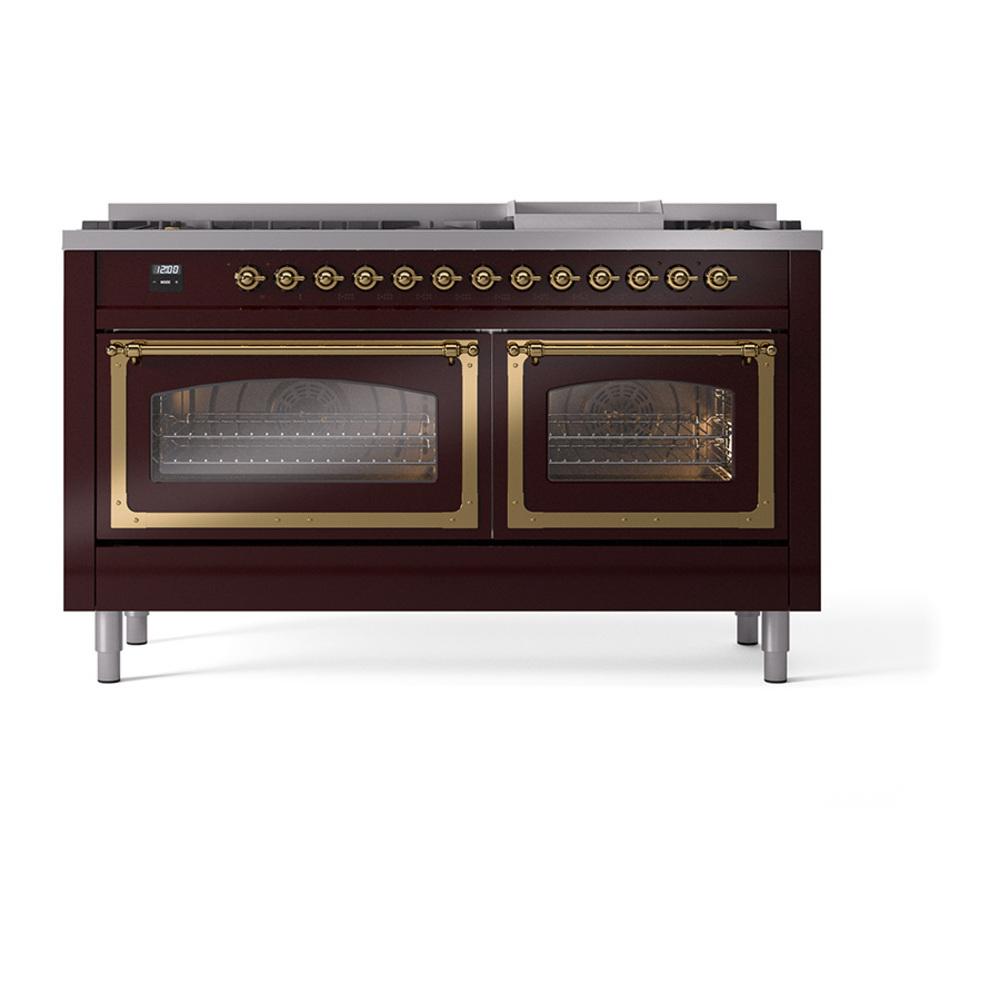ILVE UN60FNMPBUG Nostalgie II Noblesse 60 inch Dual Fuel Range (9 Sealed Burners + Griddle, Natural Gas, Triple Glass Door, Burgundy, Brass)