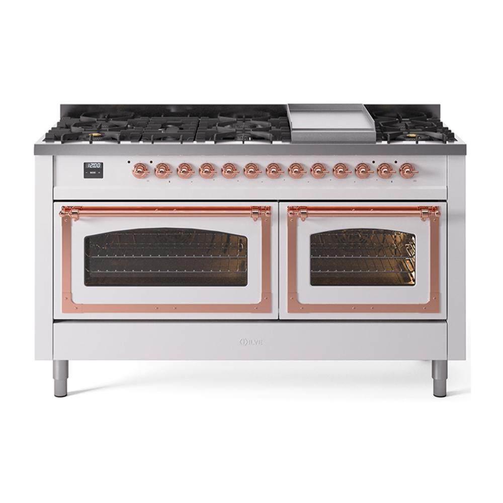 ILVE UN60FNMPWHP Nostalgie II Noblesse 60 inch Dual Fuel Range (9 Sealed Burners + Griddle, Natural Gas, Triple Glass Door, White, Copper)