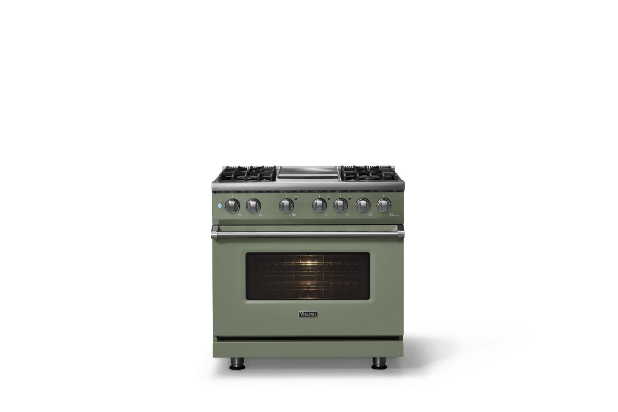 36"W. Dual Fuel Range (Burner: 4g, Finish: Eucalyptus, Trim: Polished Chrome, Fuel: Natural Gas)