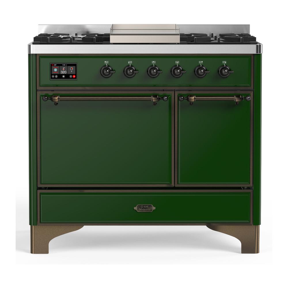 ILVE UMD40FQNR3EGBLP Majestic III 40 inch Dual Fuel Range with 6 Burners and Griddle, Dual Function Burner up to 25,000 BTU (Liquid Propane, Solid Door, Emerald Green, Burnished)