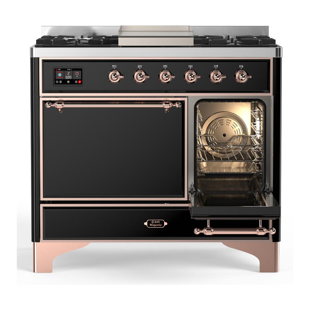 ILVE UMD40FQNR3BKPLP Majestic III 40 inch Dual Fuel Range with 6 Burners and Griddle, Dual Function Burner up to 25,000 BTU (Liquid Propane, Solid Door, Glossy Black, Copper)