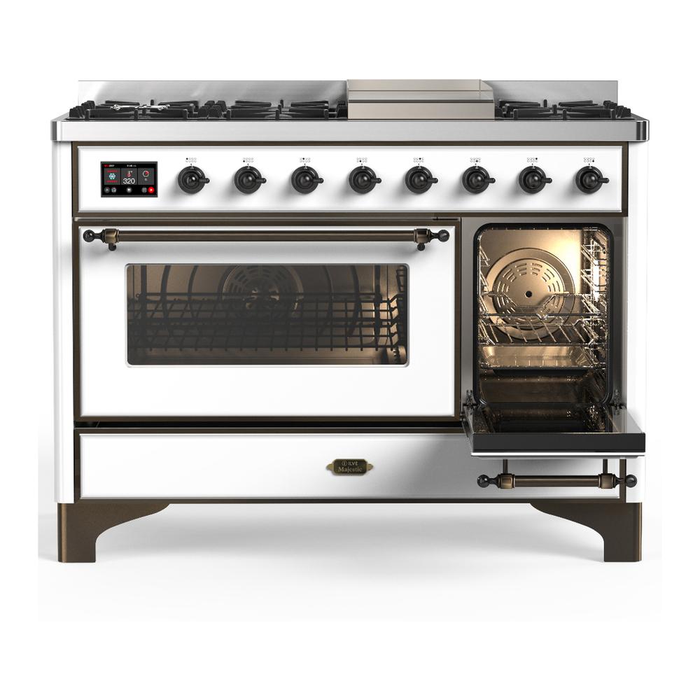 ILVE UM48FNR3WHBLP Majestic III 48 inch Dual Fuel Range with 8 Burners and Griddle, Dual Function Burner up to 25,000 BTU (Liquid Propane, Triple Glass Door, White, Burnished)