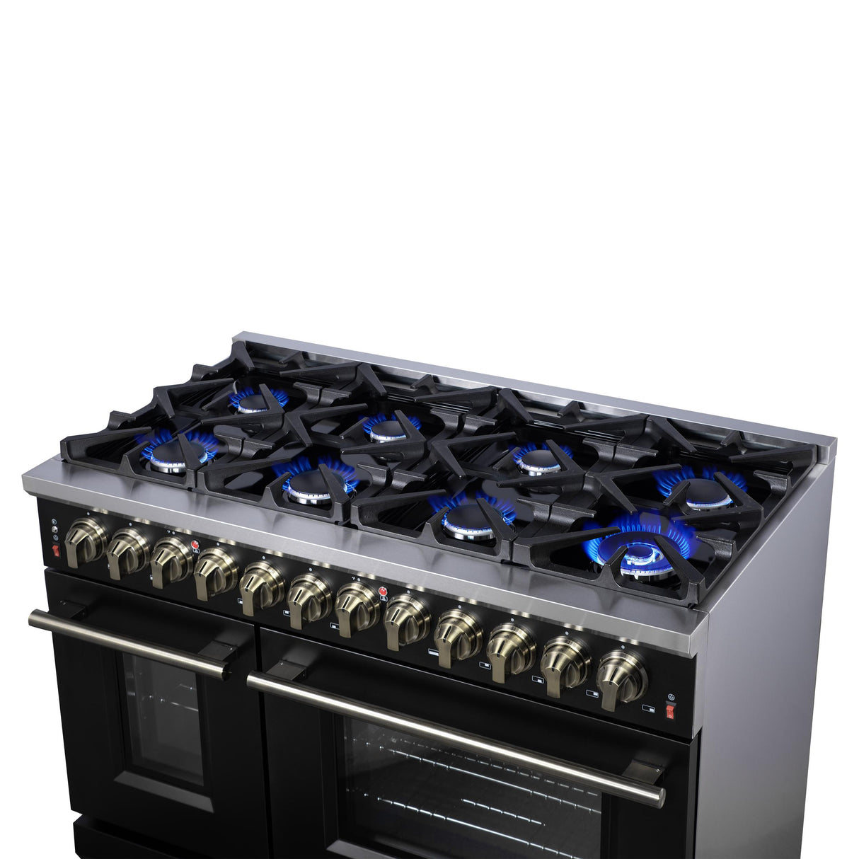 Forno Massimo 48 Inch Freestanding Dual Fuel Range in Black with Antique Brass Accessories, 8 Burners, 6.58 cu. ft. Convection Oven