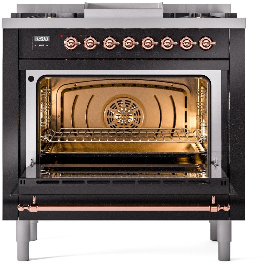 Nostalgie II 36 Inch Dual Fuel Natural Gas Freestanding Range in Glossy Black with Copper Trim