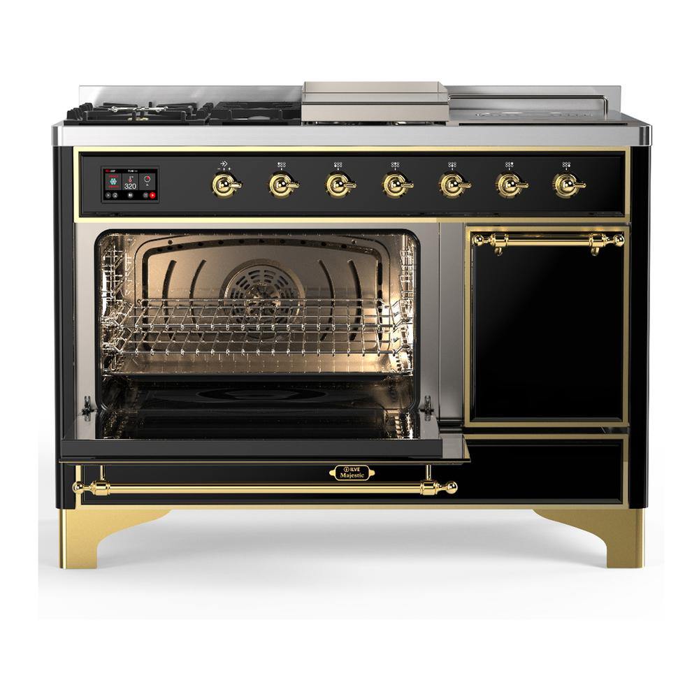 ILVE UM48FSQNR3BKG Majestic III 48 inch Dual Fuel Range with 5 Black Brass Burners, Griddle and French Top, Dual Function Burner up to 25,000 BTU (Natural Gas, Solid Door, Glossy Black, Brass)