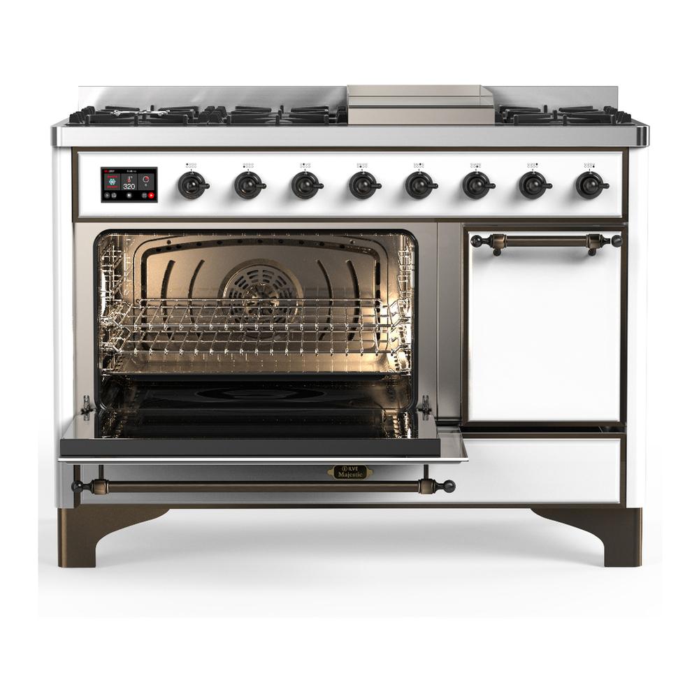 ILVE UM48FQNR3WHB Majestic III 48 inch Dual Fuel Range with 8 Burners and Griddle, Dual Function Burner up to 25,000 BTU (Natural Gas, Solid Door, White, Burnished)
