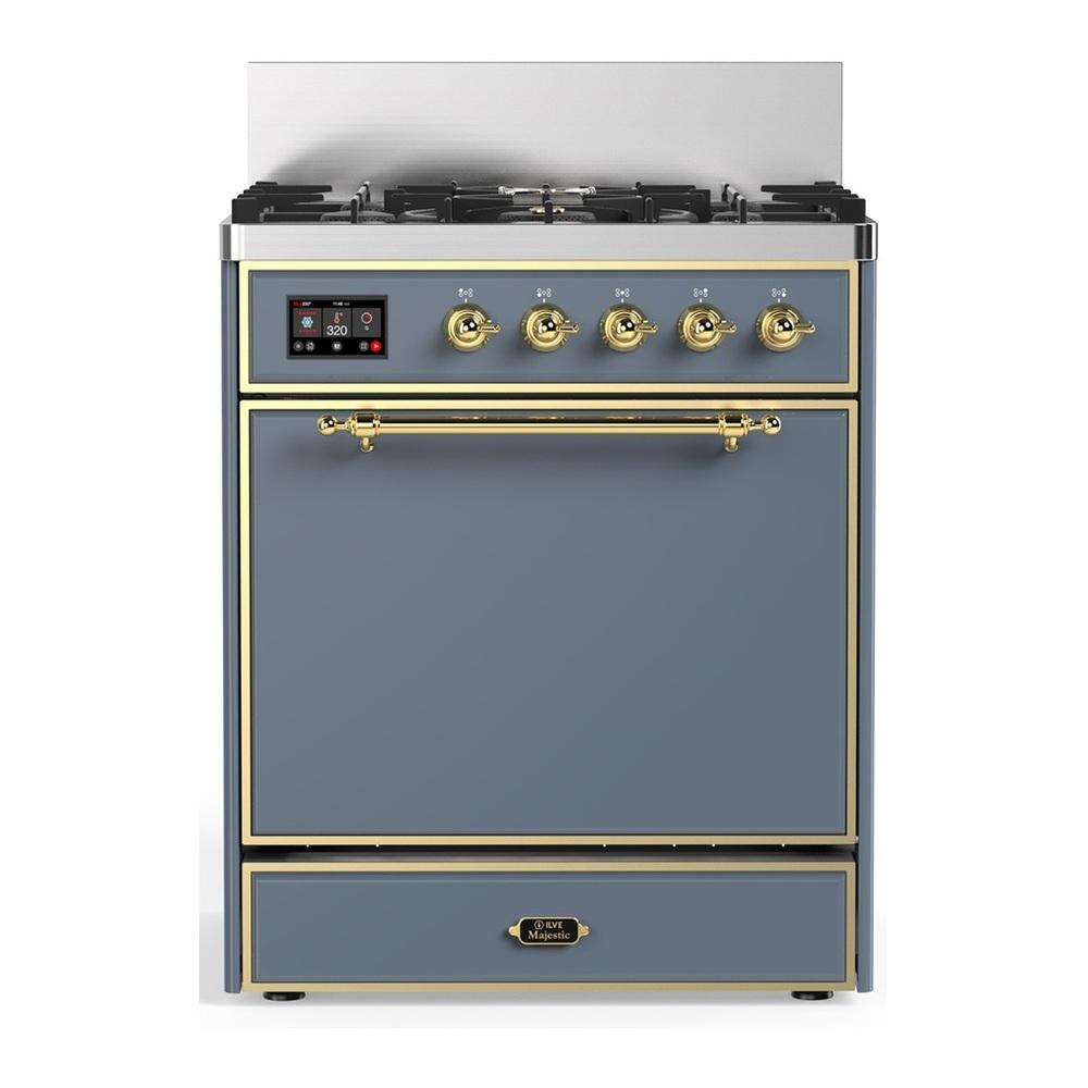 ILVE UM30QNR3BGGLP Majestic III 30 inch Dual Fuel Range with 5 Black Brass Burners, Dual Function Burner up to 25,000 BTU (Liquid Propane, Solid Door, Blue Grey, Brass)