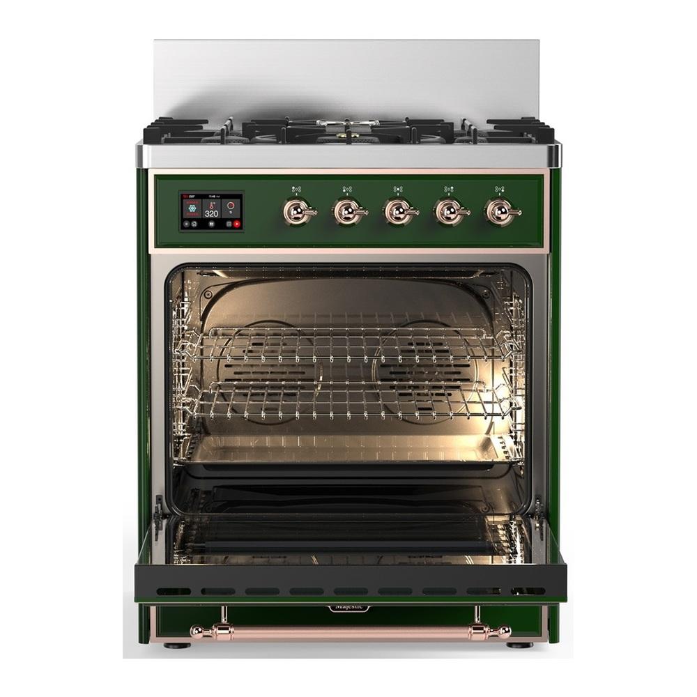 ILVE UM30NR3EGP Majestic III 30 inch Dual Fuel Range with 5 Black Brass Burners, Dual Function Burner up to 25,000 BTU (Natural Gas, Triple Glass Door, Emerald Green, Copper)