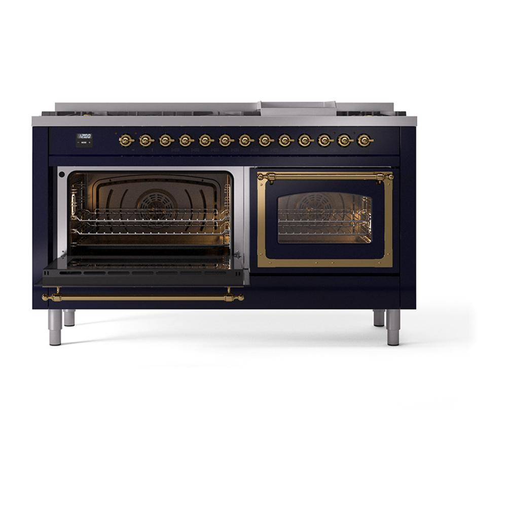 ILVE UN60FNMPMBGLP Nostalgie II Noblesse 60 inch Dual Fuel Range (9 Sealed Burners + Griddle, Liquid Propane, Triple Glass Door, Midnight Blue, Brass)