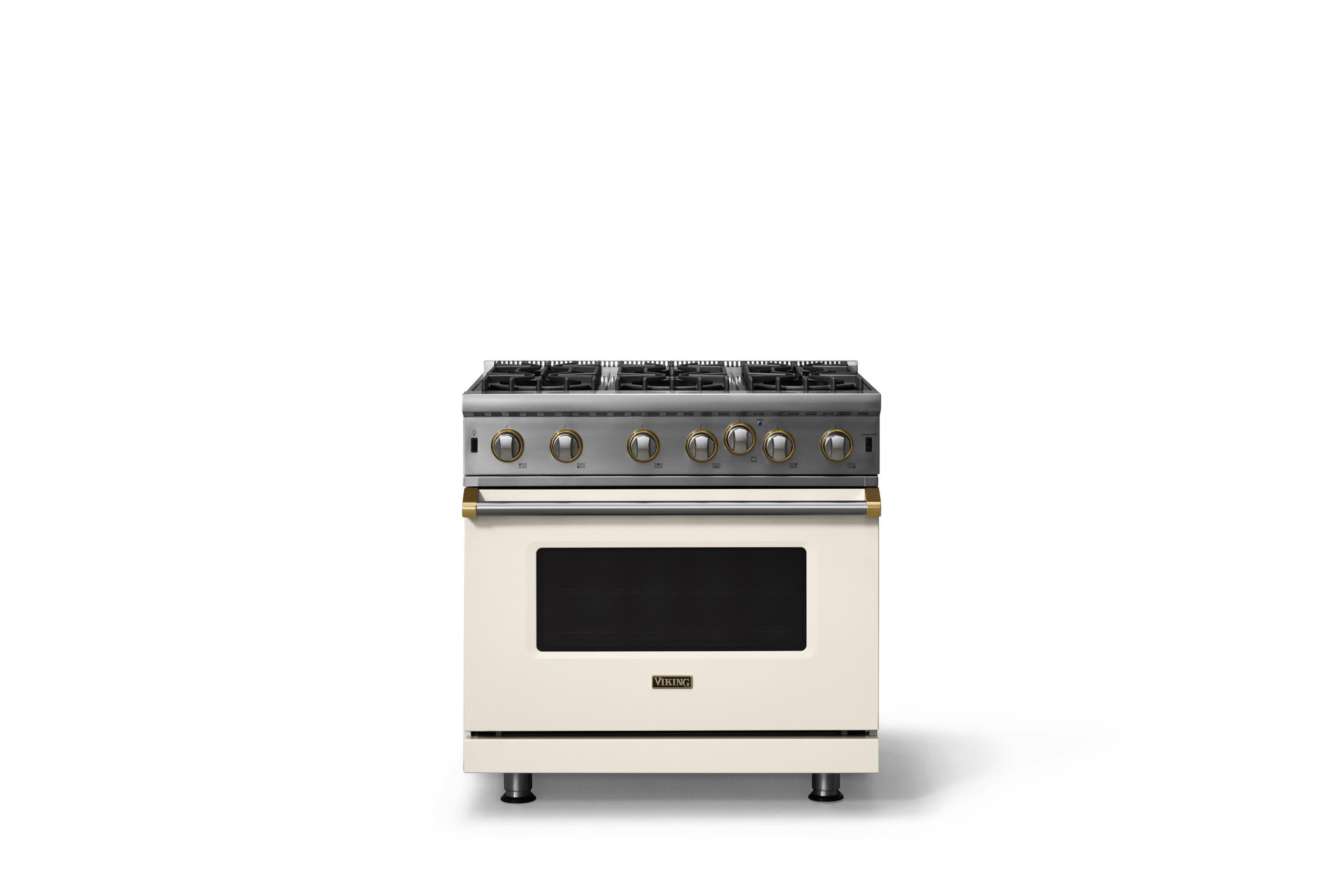 36"W. Open Burner Gas Range (Finish: Pure White, Trim: Brushed Brass, Fuel: Propane)