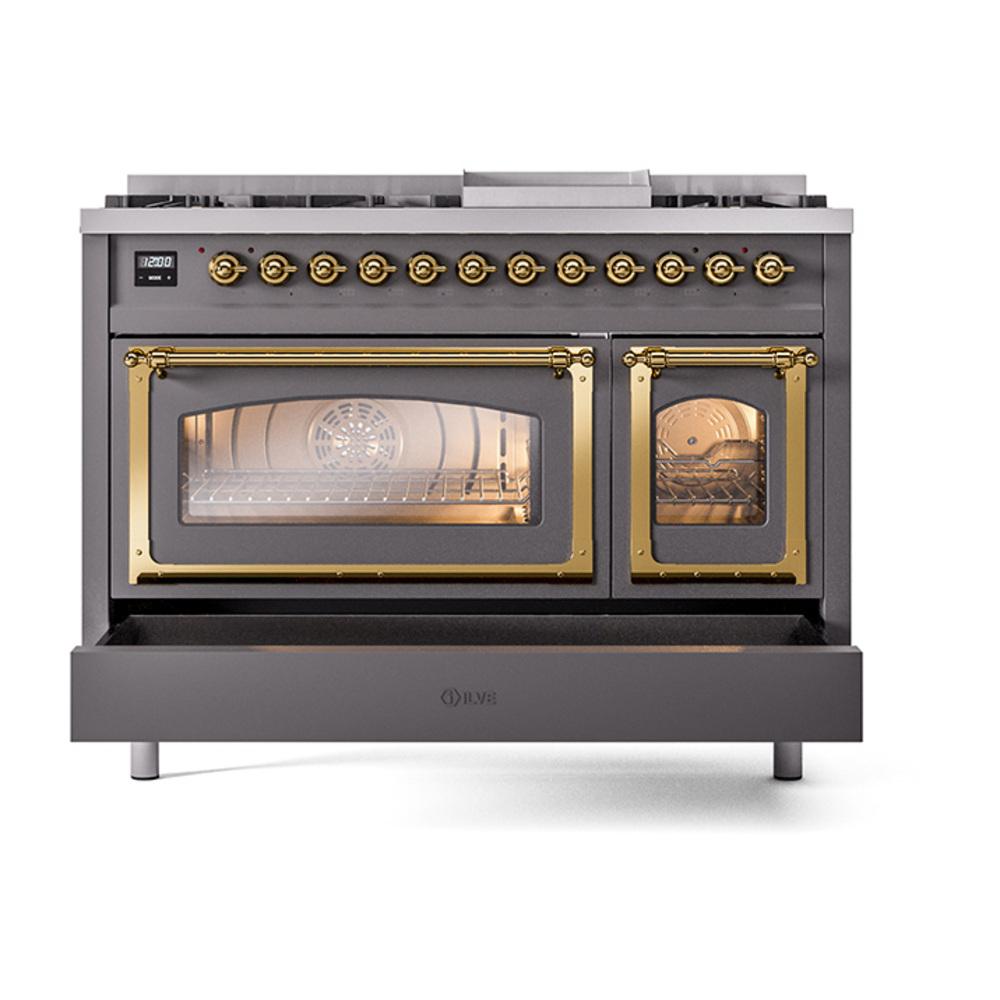 ILVE UN48FNMPMGGLP Nostalgie II Noblesse 48 inch Dual Fuel Range (8 Sealed Burners + Griddle, Liquid Propane, Triple Glass Door, Graphite Matte, Brass)