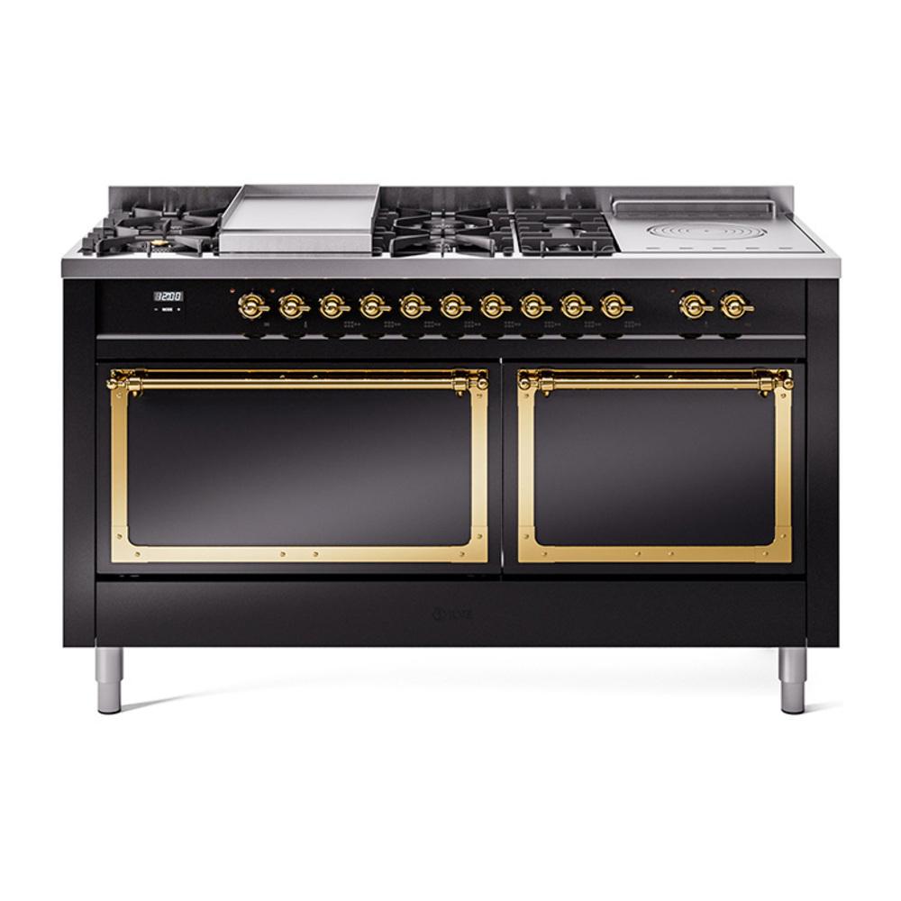 ILVE UN60FSQNMPBKGLP Nostalgie II Noblesse 60 inch Dual Fuel Range (7 Sealed Burners + Griddle + French Top, Liquid Propane, Solid Door, Glossy Black, Brass)