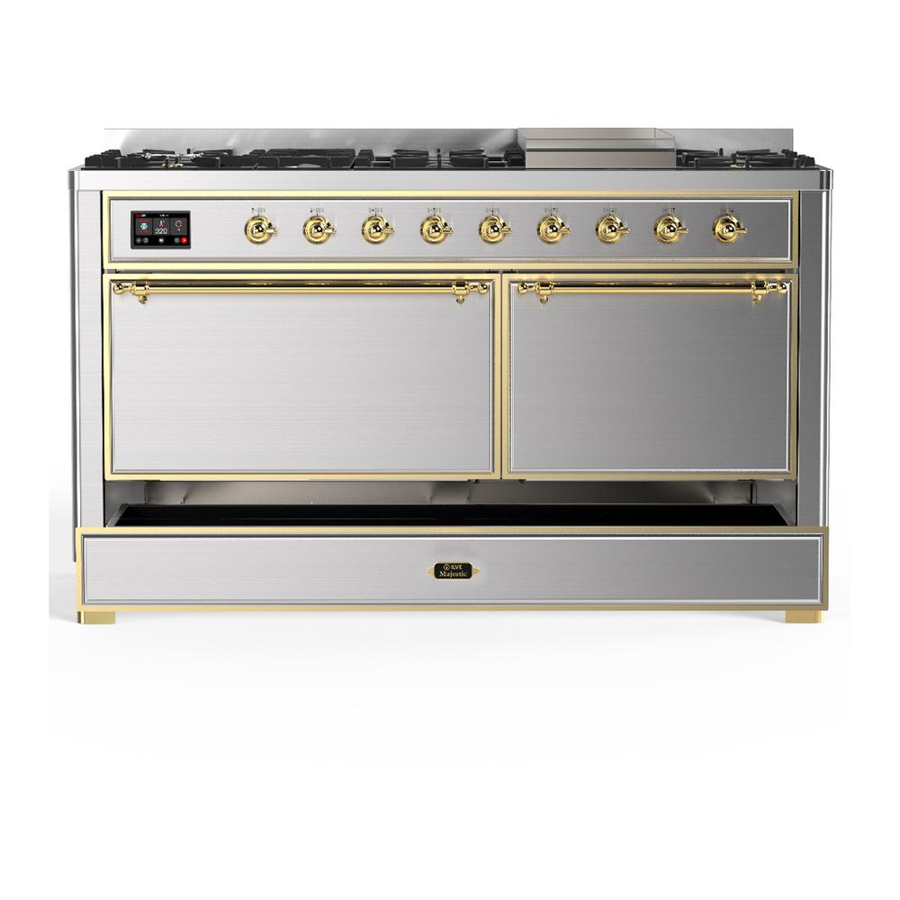 ILVE UM60FQNR3SSGLP Majestic III 60 inch Dual Fuel Range with 9 Burners and Griddle, Dual Function Burner up to 25,000 BTU (Liquid Propane, Solid Door, Stainless Steel, Brass)
