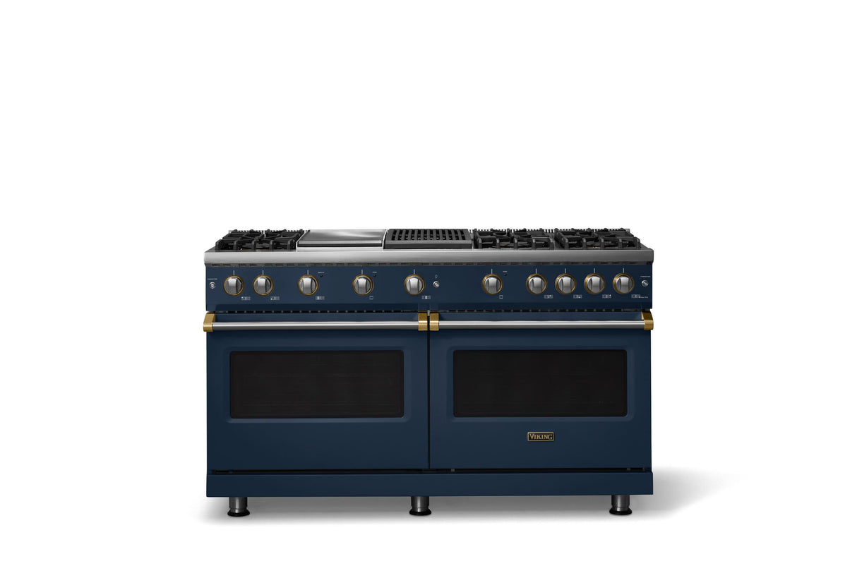 60"W. Sealed Burner Gas Range (Finish: Slate Blue, Trim: Brushed Brass, Fuel: Propane)