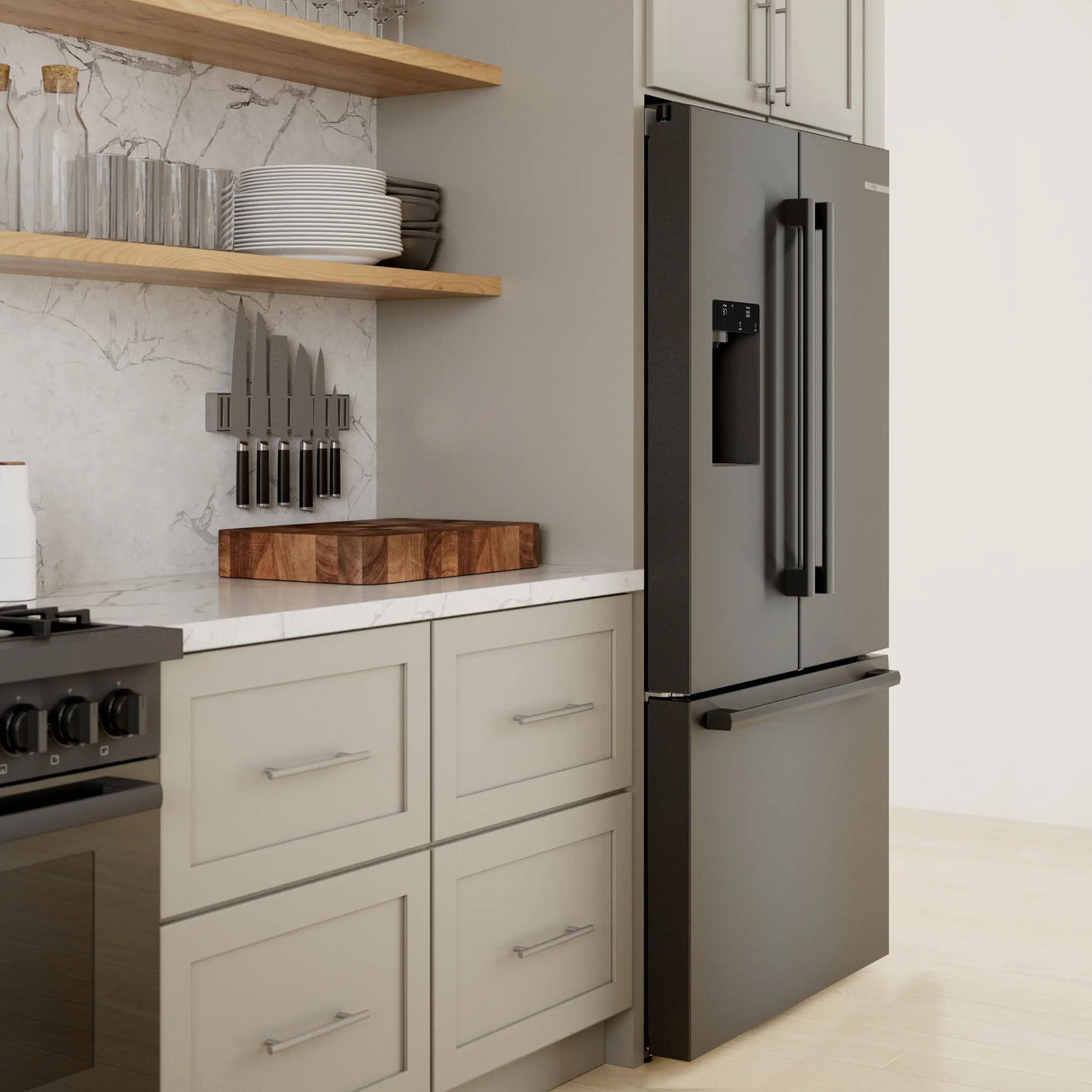 500 Series French Door Bottom Mount Refrigerator 36" Black Stainless Steel, Total No Frost