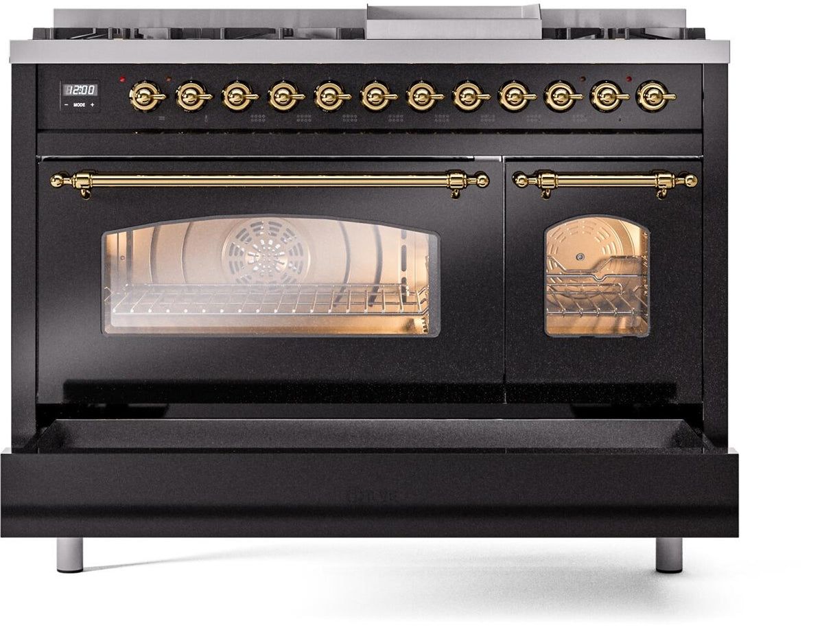 Nostalgie II 48 Inch Dual Fuel Natural Gas Freestanding Range in Glossy Black with Brass Trim