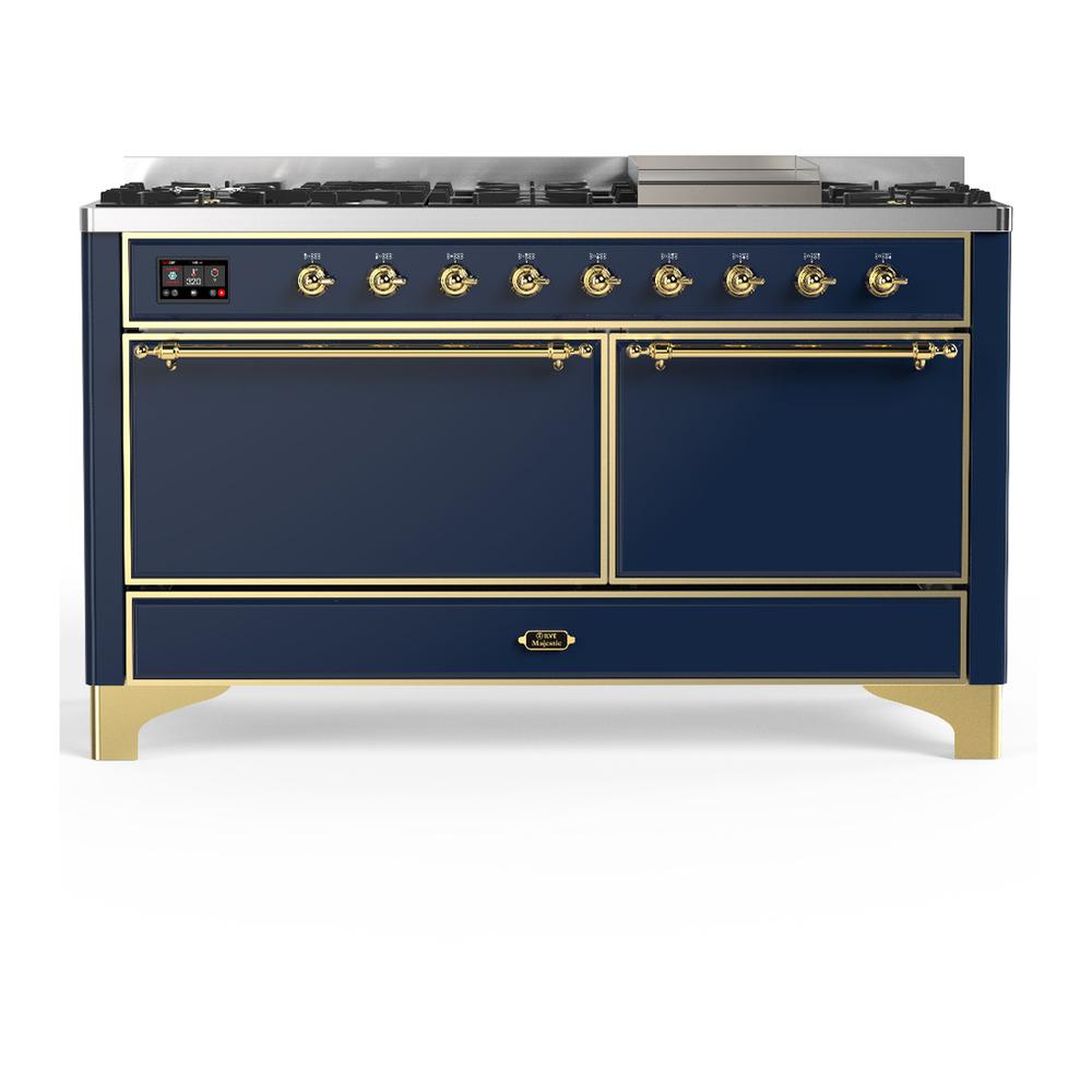 ILVE UM60FQNR3MBGLP Majestic III 60 inch Dual Fuel Range with 9 Burners and Griddle, Dual Function Burner up to 25,000 BTU (Liquid Propane, Solid Door, Midnight Blue, Brass)