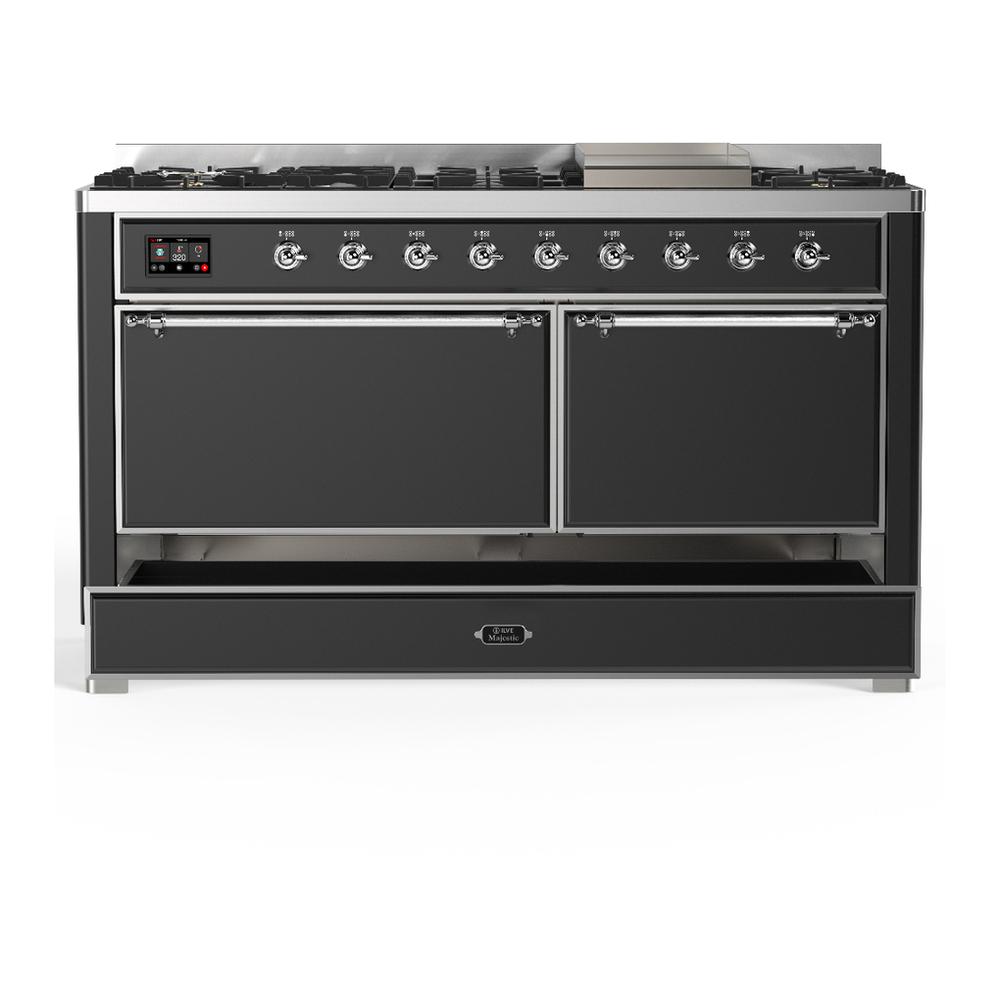 ILVE UM60FQNR3MGC Majestic III 60 inch Dual Fuel Range with 9 Burners and Griddle, Dual Function Burner up to 25,000 BTU (Natural Gas, Solid Door, Graphite Matte, Chrome)