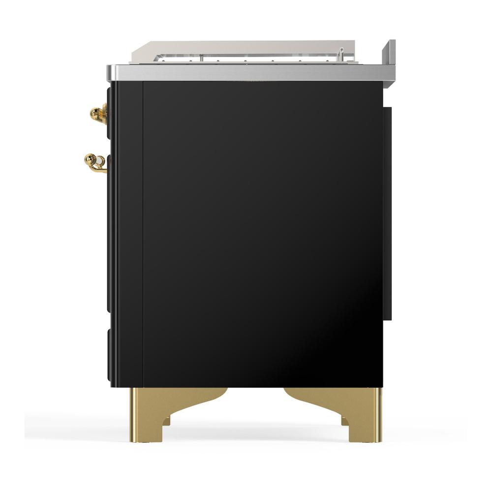 ILVE UM48FSQNR3BKG Majestic III 48 inch Dual Fuel Range with 5 Black Brass Burners, Griddle and French Top, Dual Function Burner up to 25,000 BTU (Natural Gas, Solid Door, Glossy Black, Brass)