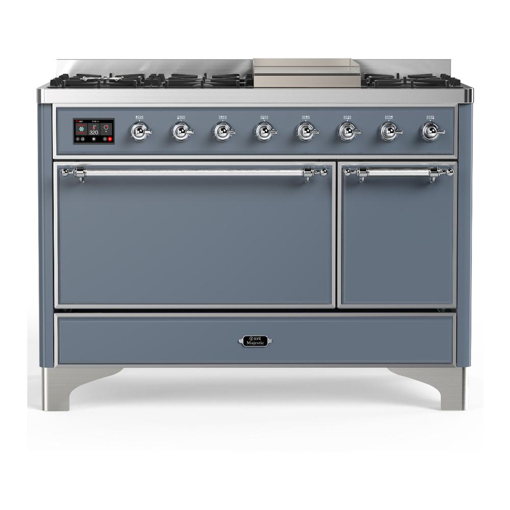 ILVE UM48FQNR3BGCLP Majestic III 48 inch Dual Fuel Range with 8 Burners and Griddle, Dual Function Burner up to 25,000 BTU (Liquid Propane, Solid Door, Blue Grey, Chrome)