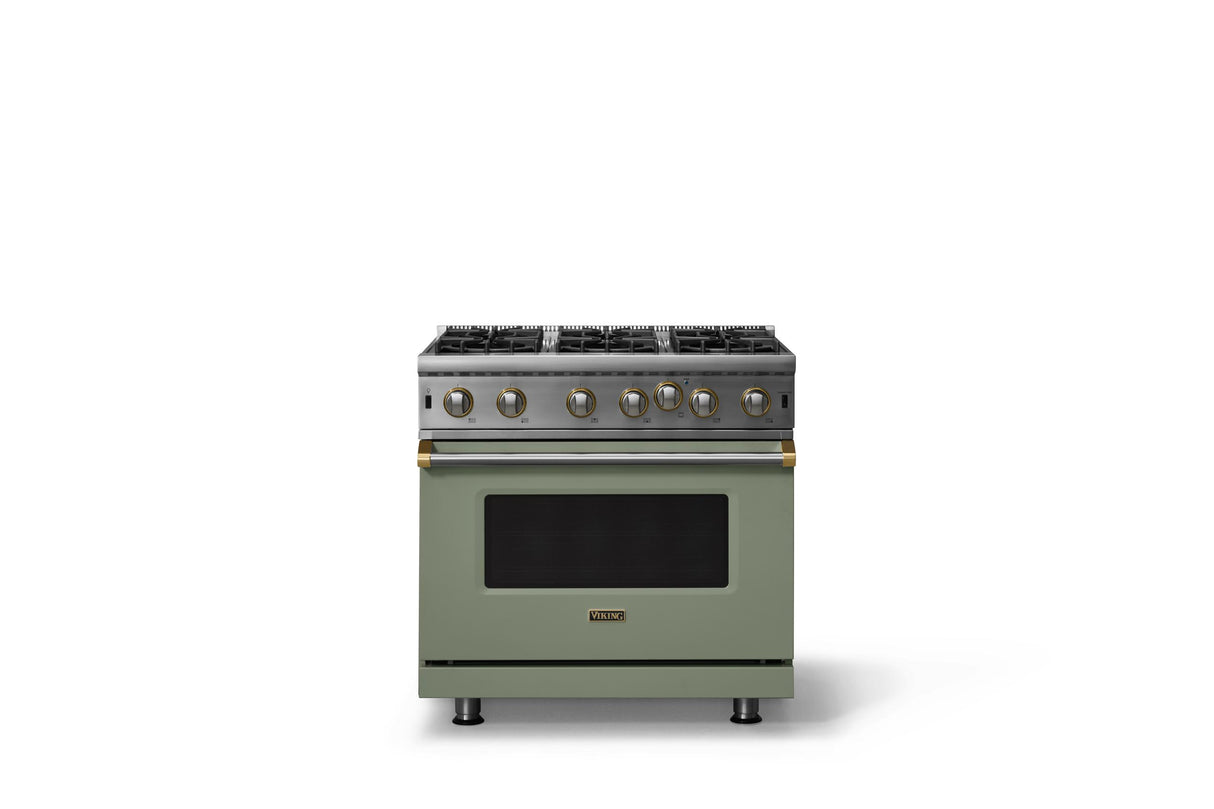 36"W. Open Burner Gas Range (Finish: Eucalyptus, Trim: Brushed Brass, Fuel: Natural Gas)