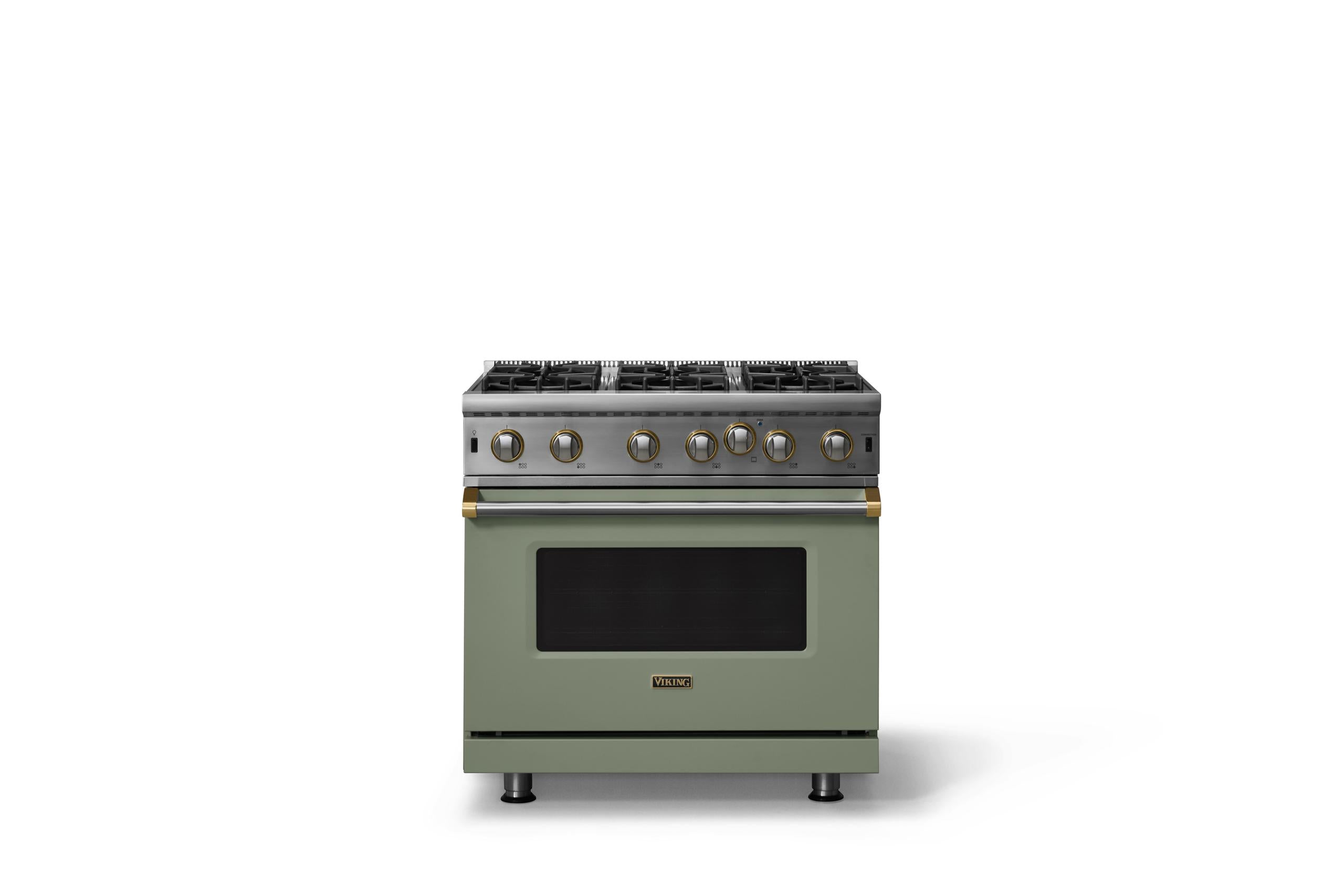 36"W. Open Burner Gas Range (Finish: Eucalyptus, Trim: Brushed Brass, Fuel: Propane)