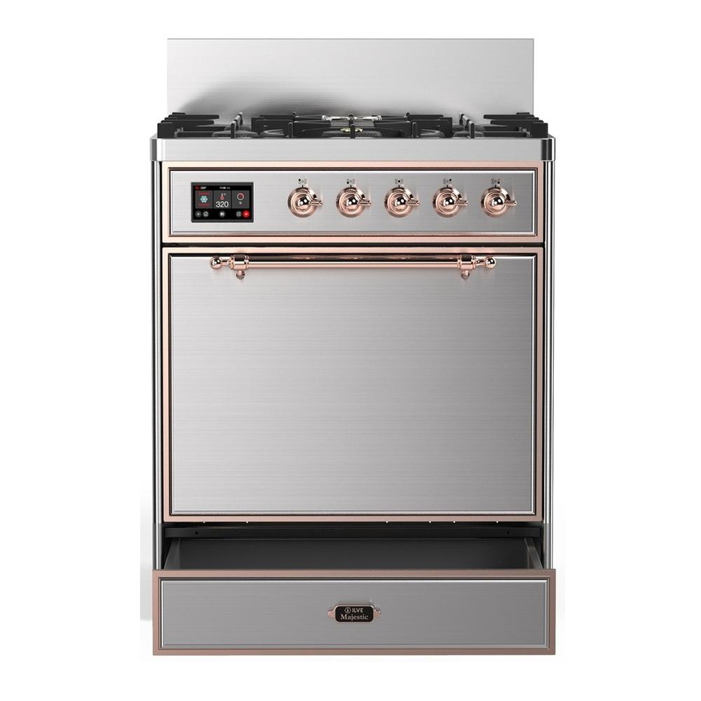 ILVE UM30QNR3SSP Majestic III 30 inch Dual Fuel Range with 5 Black Brass Burners, Dual Function Burner up to 25,000 BTU (Natural Gas, Solid Door, Stainless Steel, Copper)