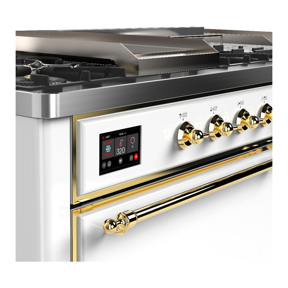 ILVE UM60FSQNR3WHG Majestic III 60 inch Dual Fuel Range with 7 Burners, Griddle and French Top, Dual Function Burner with up to 25,000 BTU (Natural Gas, Solid Door, White, Brass)