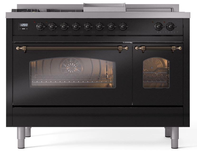 Nostalgie II 48 Inch Dual Fuel Natural Gas Freestanding Range in Glossy Black with Bronze Trim