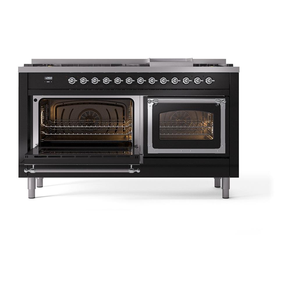 ILVE UN60FNMPBKCLP Nostalgie II Noblesse 60 inch Dual Fuel Range (9 Sealed Burners + Griddle, Liquid Propane, Triple Glass Door, Glossy Black, Chrome)