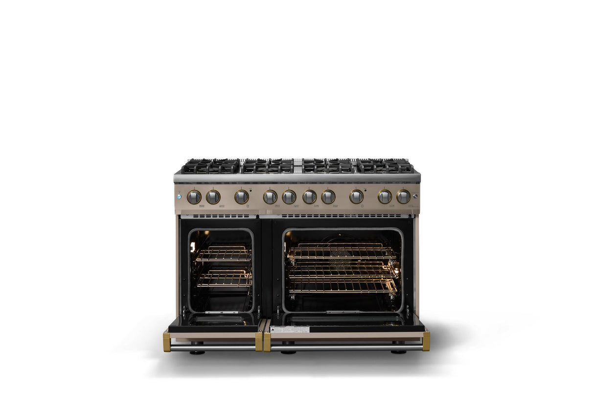 48"W. Sealed Burner Gas Range (Burner: 8b, Finish: Nantucket, Trim: Brushed Brass, Fuel: Propane)