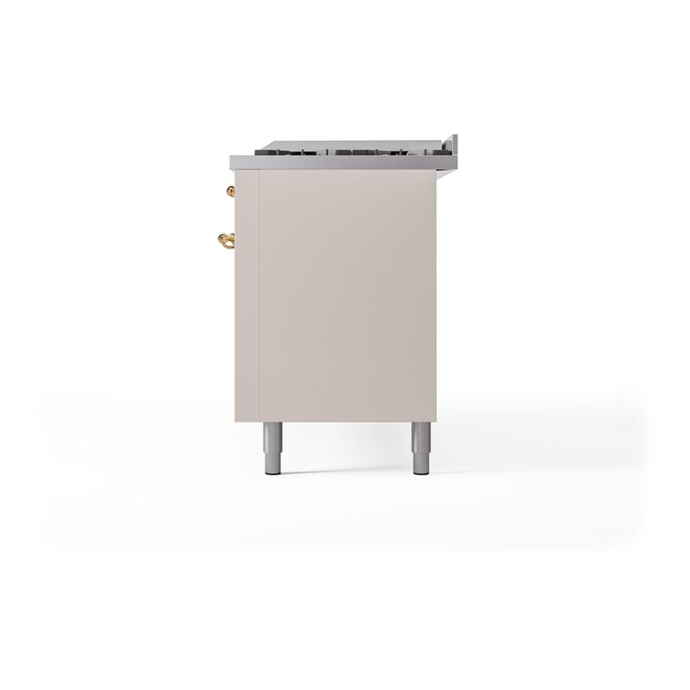 ILVE UN60FQNMPAWG Nostalgie II Noblesse 60 inch Dual Fuel Range (9 Sealed Burners + Griddle, Natural Gas, Solid Door, Antique White, Brass)