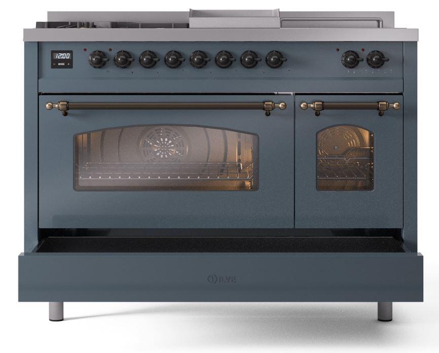 Nostalgie II 48 Inch Dual Fuel Natural Gas Freestanding Range in Blue Grey with Bronze Trim
