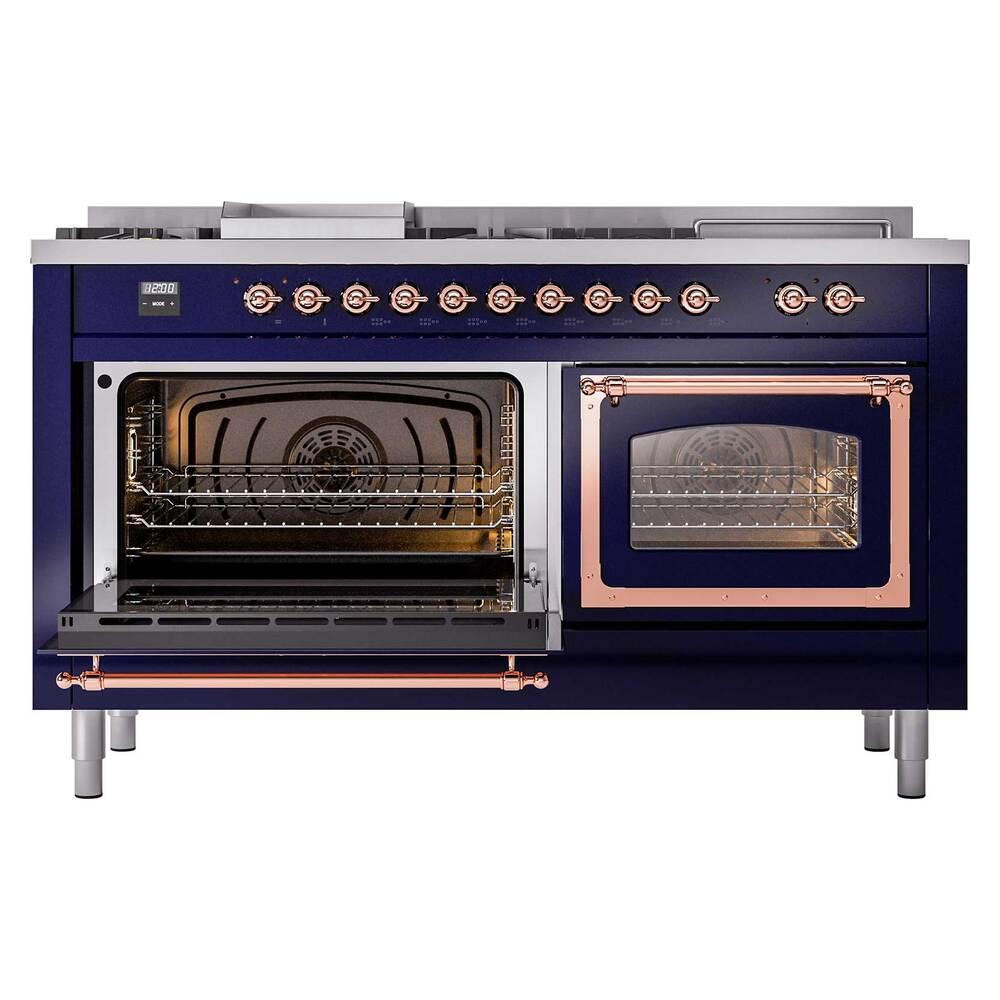 ILVE UN60FSNMPMBP Nostalgie II Noblesse 60 inch Dual Fuel Range (7 Sealed Burners + Griddle + French Top, Natural Gas, Triple Glass Door, Midnight Blue, Copper)