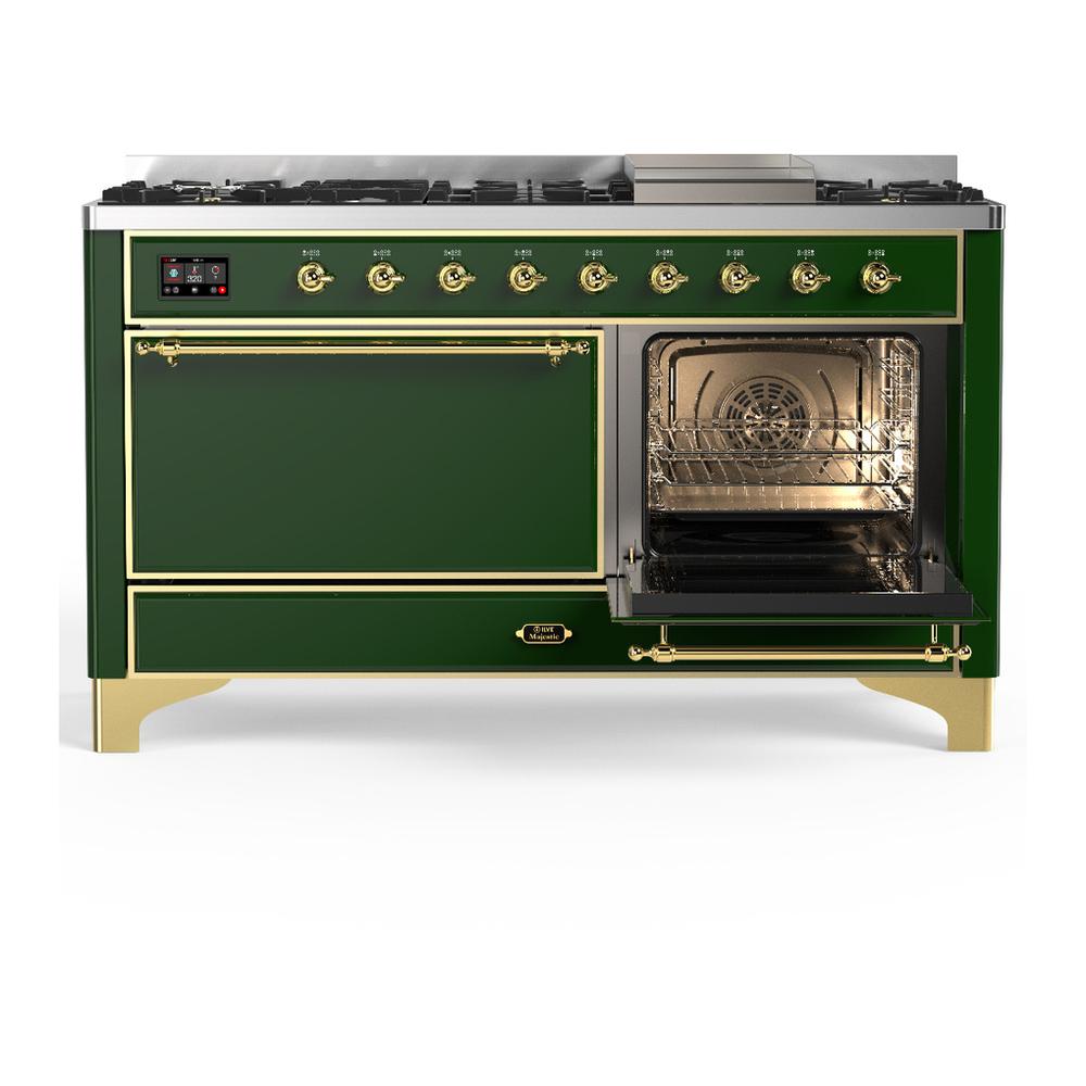 ILVE UM60FQNR3EGG Majestic III 60 inch Dual Fuel Range with 9 Burners and Griddle, Dual Function Burner up to 25,000 BTU (Natural Gas, Solid Door, Emerald Green, Brass)