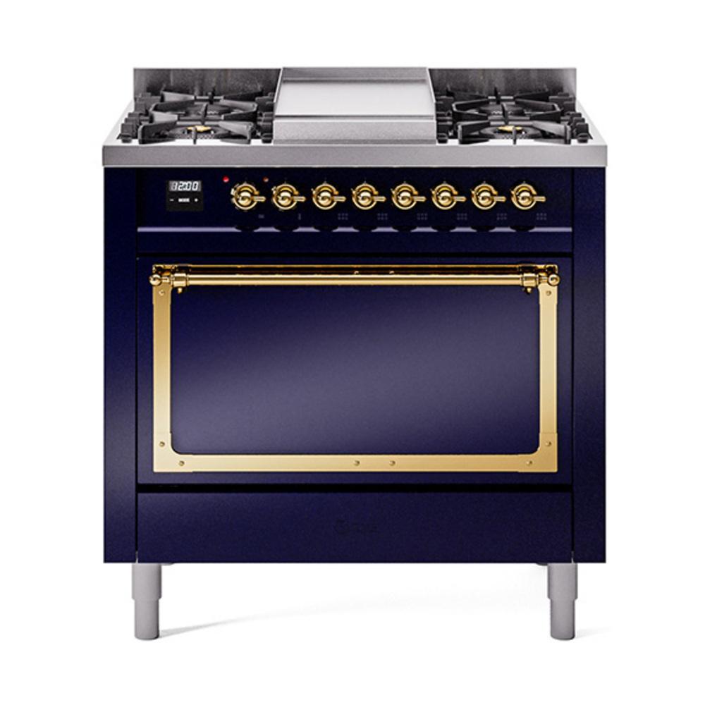 ILVE UN36FQNMPMBGLP Nostalgie II Noblesse 36 inch Dual Fuel Range (Liquid Propane, Solid Door, Midnight Blue, Brass)